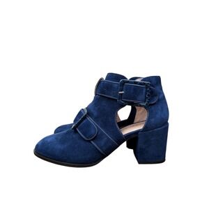 Cecelia New York Suede Buckle Cutout Block Heel Ankle Boots Women's Sz 8.5 Blue